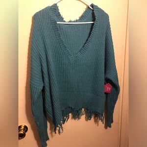 ⭐️ Teal V-Neck Frayed Hem Plus Size Sweater Size 2X